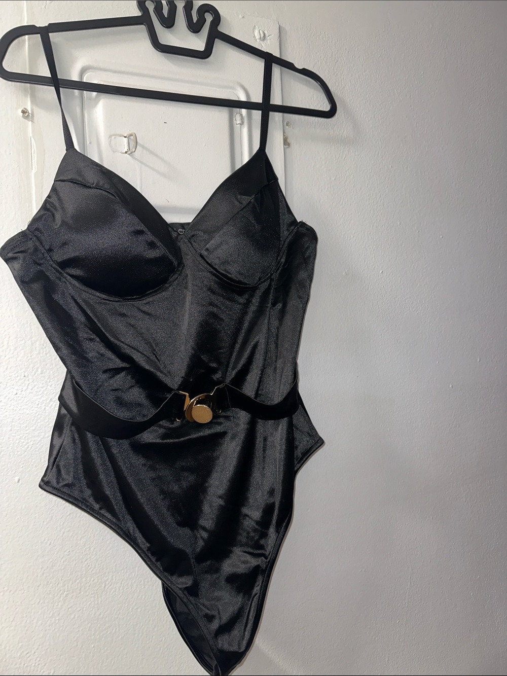 Satin Black Bustier Chemise Bodysuit with Decorative Belt
